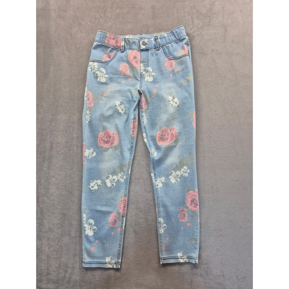HUE Romantic Floral Denim Leggings Light Wash Pink Rose Chic Print Jeggings Med